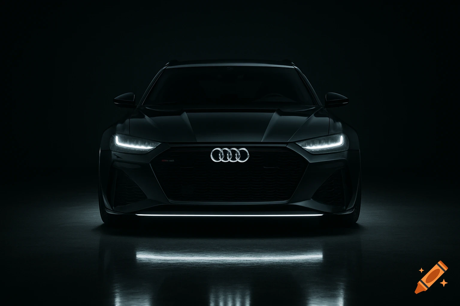 Front view of a black Audi RS6 sports car in a dark room, with white headlights, logo, and underbody lighting reflecting on the floor.