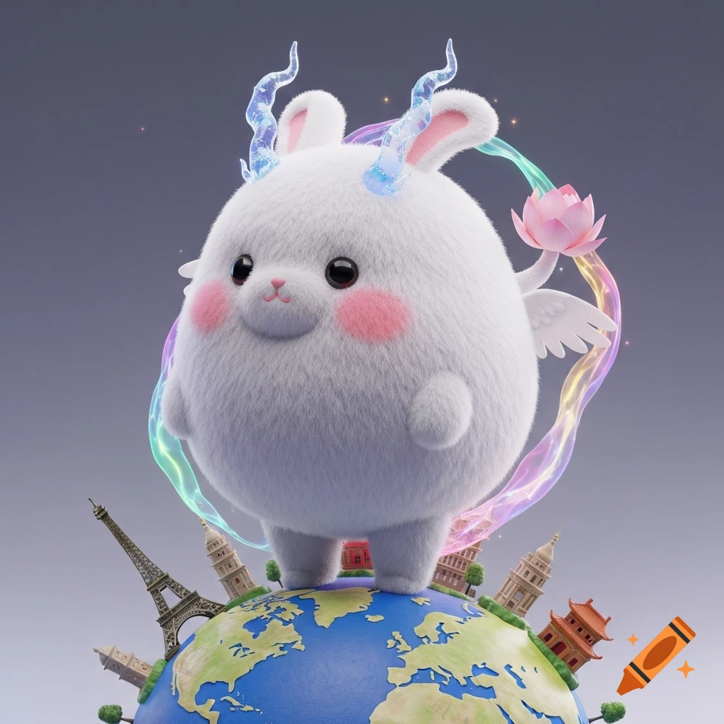 A fluffy white rabbit-like creature with glowing blue horns, angel wings, and a rainbow aura stands on a miniature globe with famous landmarks.
