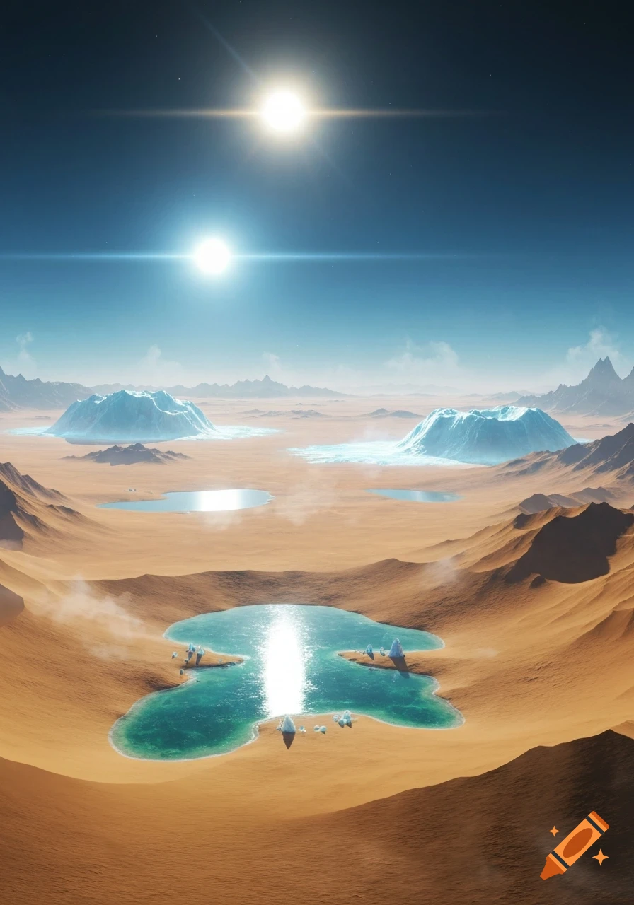 A vast desert planet landscape under two suns, featuring small turquoise lakes, distant ice caps, and arid mountains.
