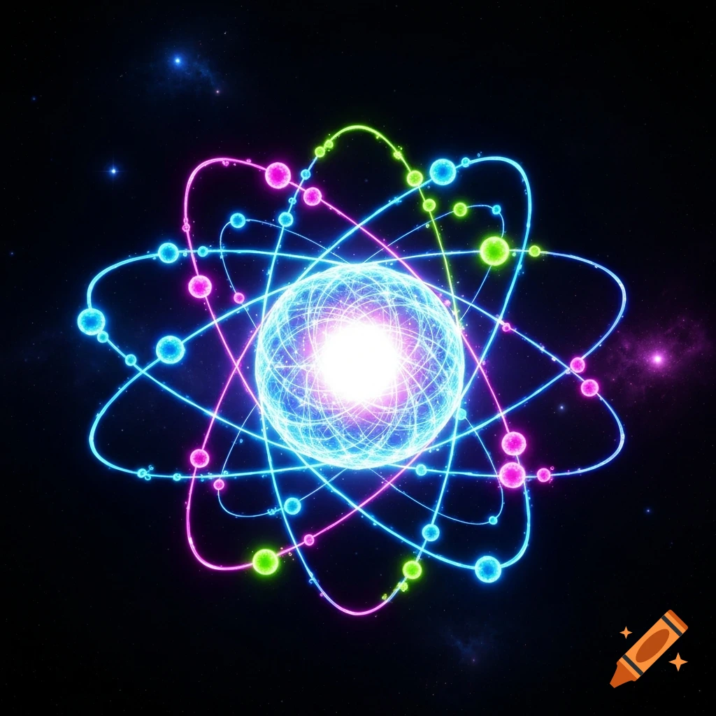 A vibrant, neon-lit atom model glowing in blues, pinks, and greens against a dark, starry cosmic background.
