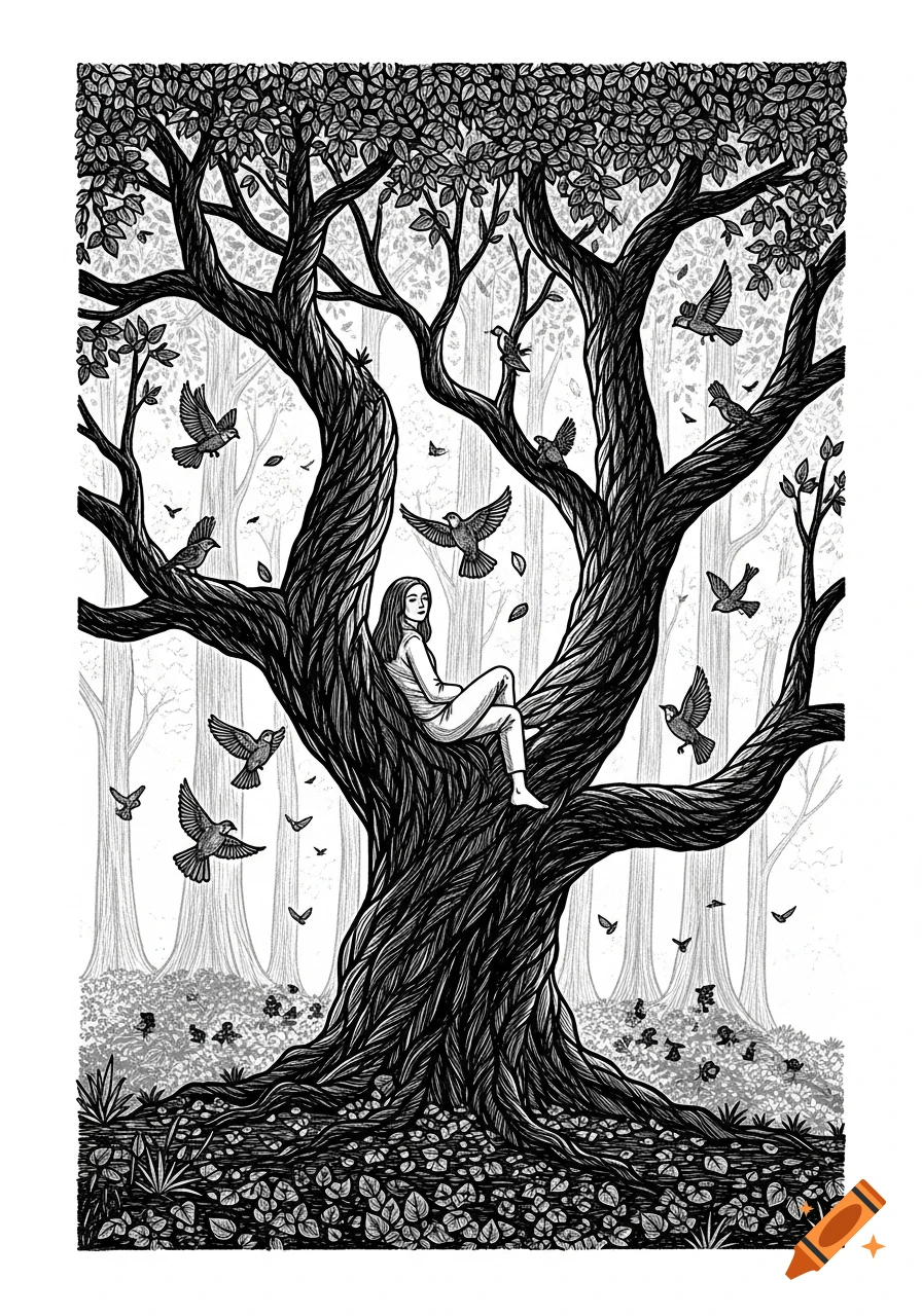 A woman sits in a large, gnarled tree surrounded by birds in a dense forest, rendered in a black and white lino print style.