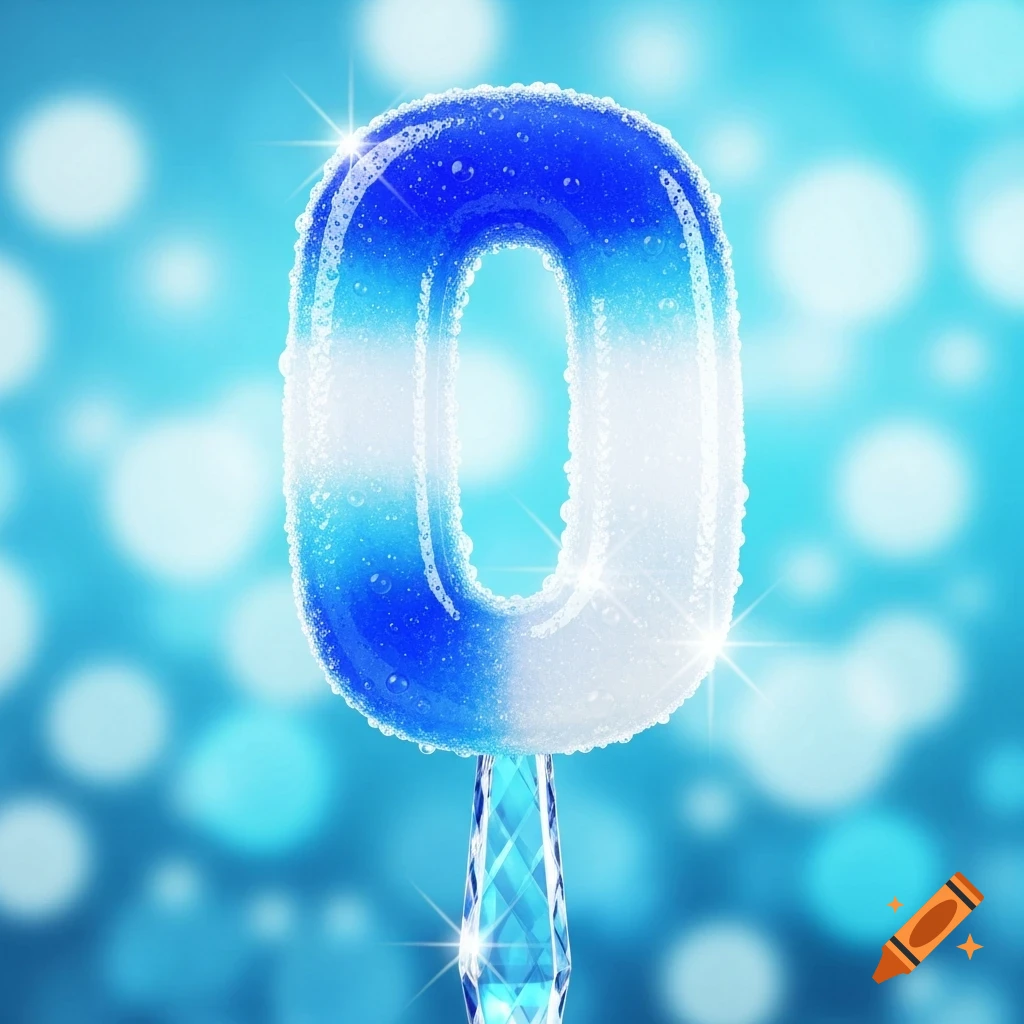 A glossy blue and white zero-shaped ice pop with water droplets on a clear stick, against a blurry blue background.