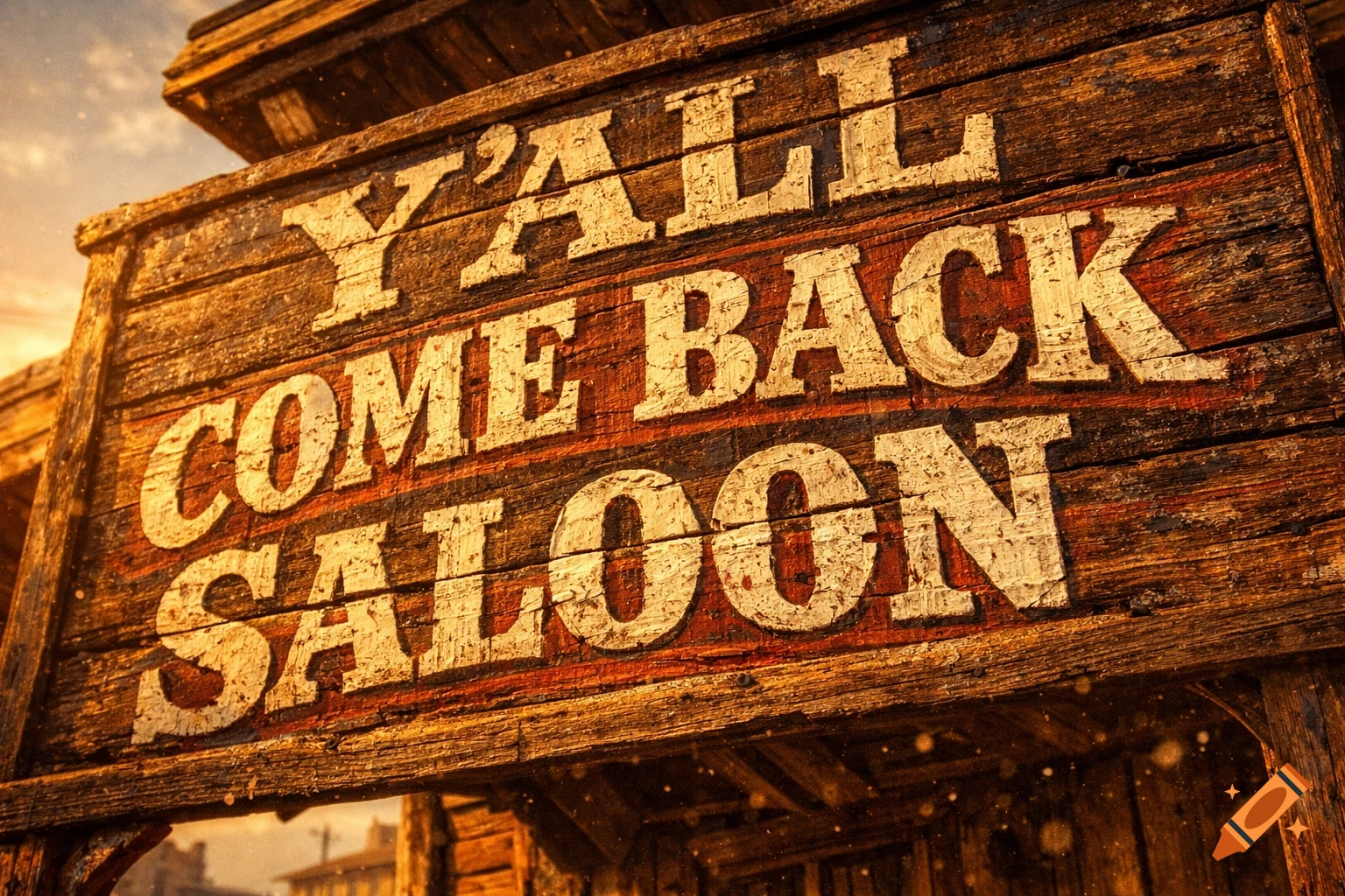 A close-up of a weathered wooden sign for a 'Y'ALL COME BACK SALOON' in a rustic western style.