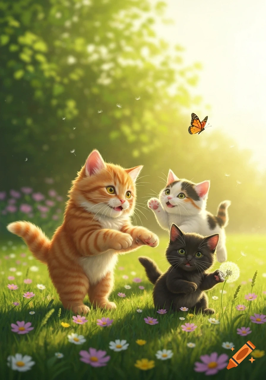 Three fluffy kittens playing in a sunny green field with colorful flowers; one looks at a butterfly, another holds a dandelion.