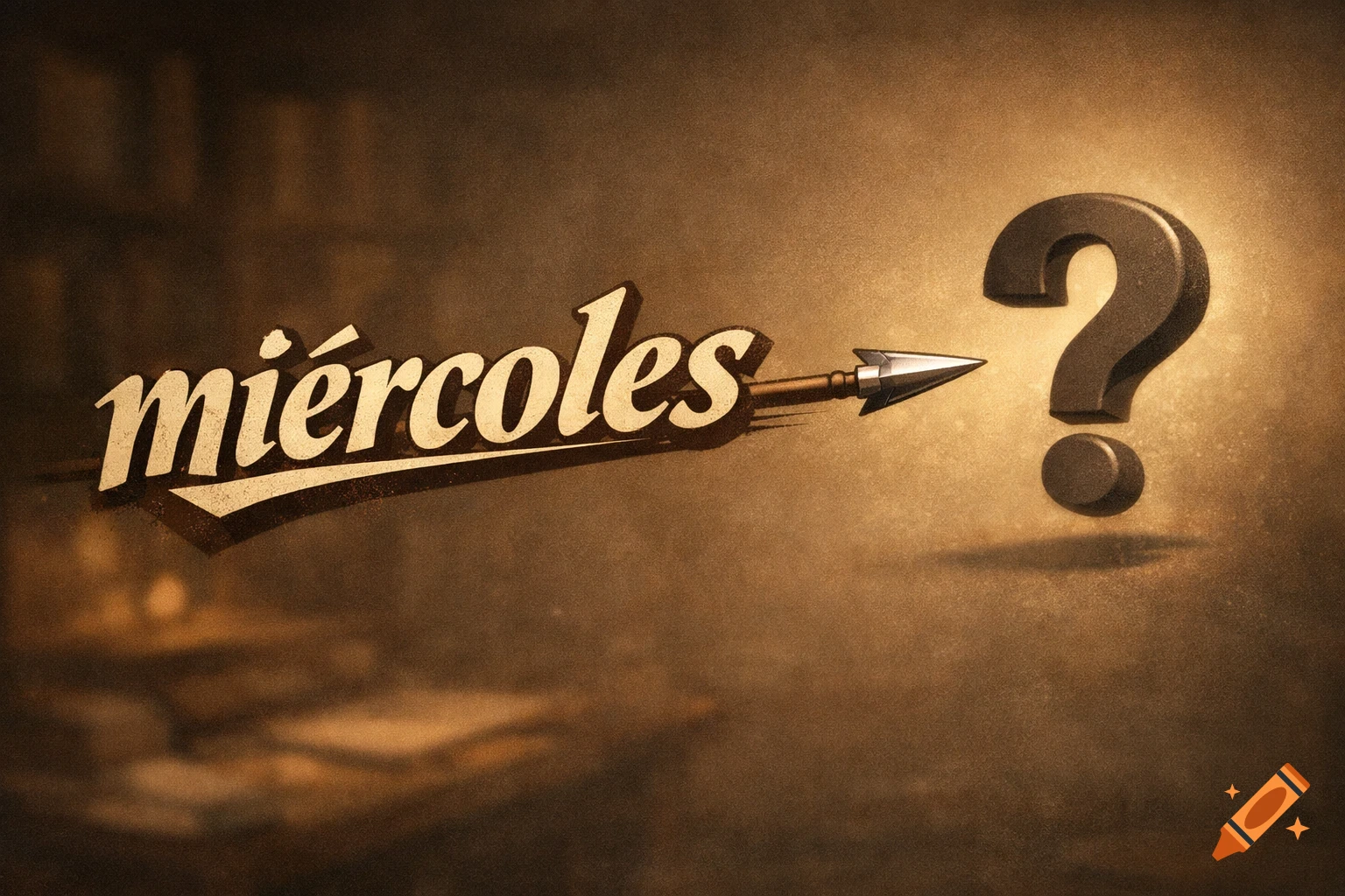 Stylized word "miércoles" (Wednesday) with an arrow pointing to a question mark on a textured brown background.
