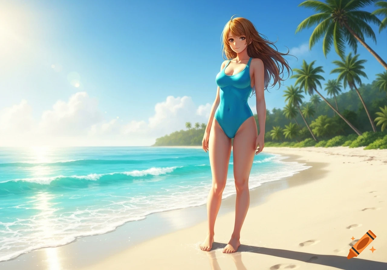 Anime girl in a blue swimsuit stands on a sunny tropical beach with palm trees and turquoise ocean.