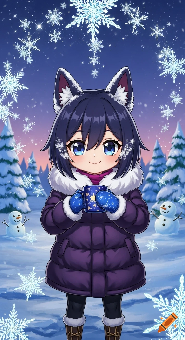 A chibi anime girl with dark hair and animal ears wears a purple winter coat, holding a starry mug in a snowy landscape with snowmen and snowflakes.
