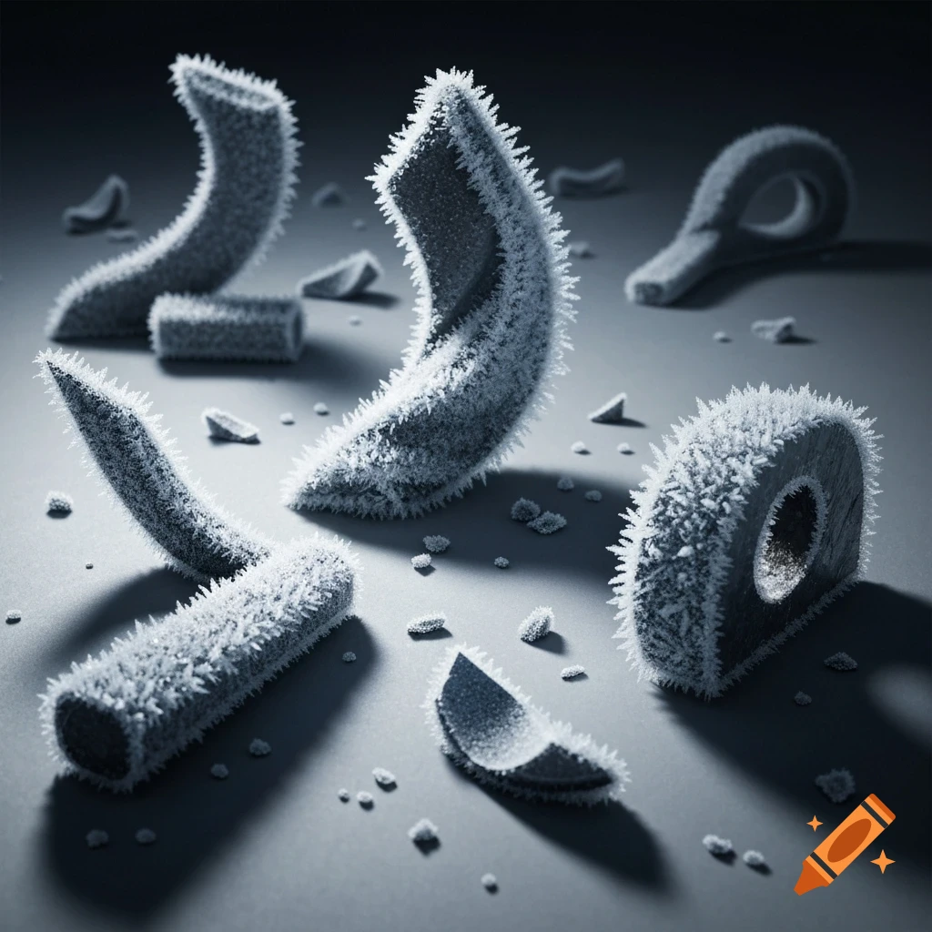 Close-up view of several pieces of frozen steel scraps, covered in sharp ice crystals, scattered on a dark gray surface.