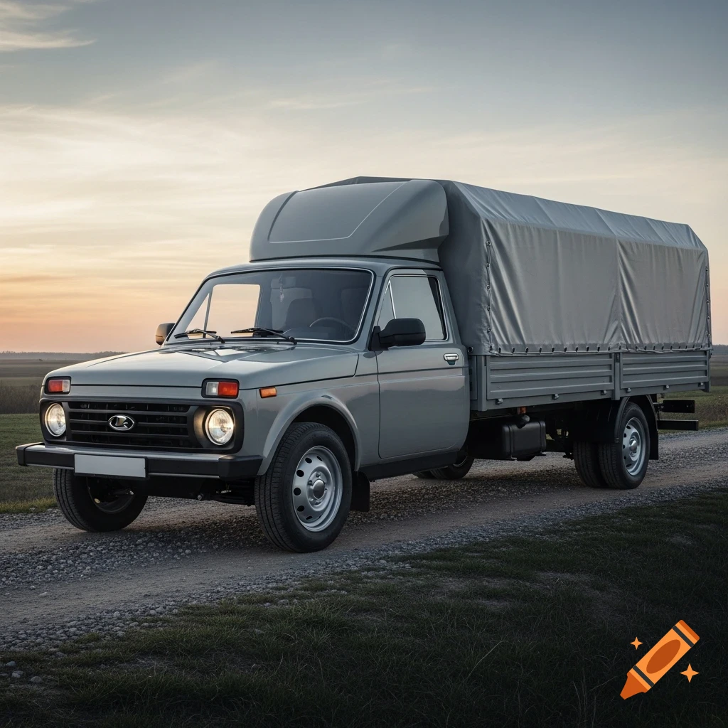 A gray Lada Niva pickup truck with a tarp-covered bed drives on a dirt road during sunset.