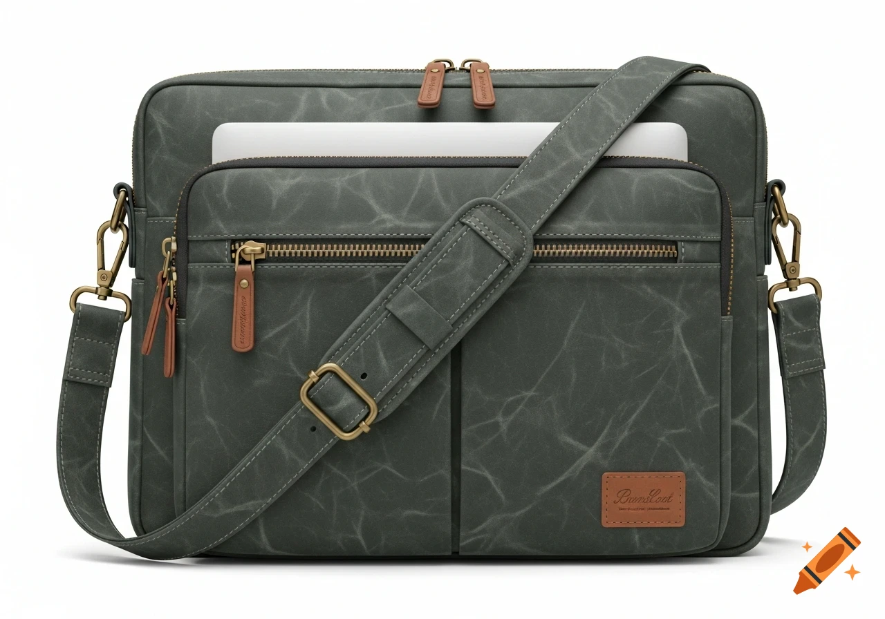 A dark green waxed canvas shoulder laptop bag with bronze hardware, multiple zippered compartments, and a brown leather brand patch.