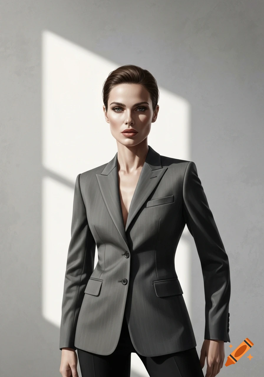 A sophisticated woman in a form-fitting gray pinstripe suit with a low-cut neckline, standing against a white textured wall with strong shadows.