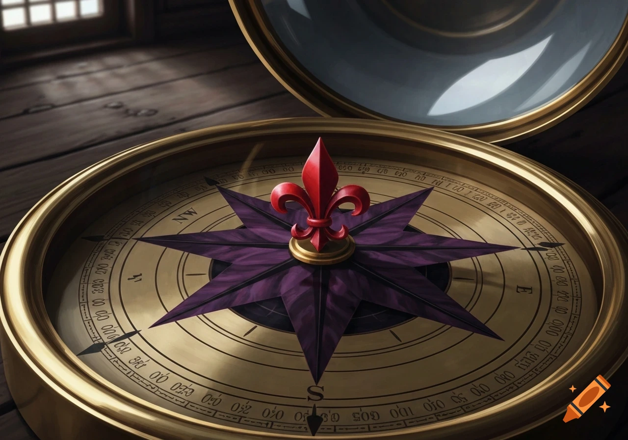 Close-up of a golden compass with a purple nautical star and a red fleur de lis at its center, resting on a wooden surface.