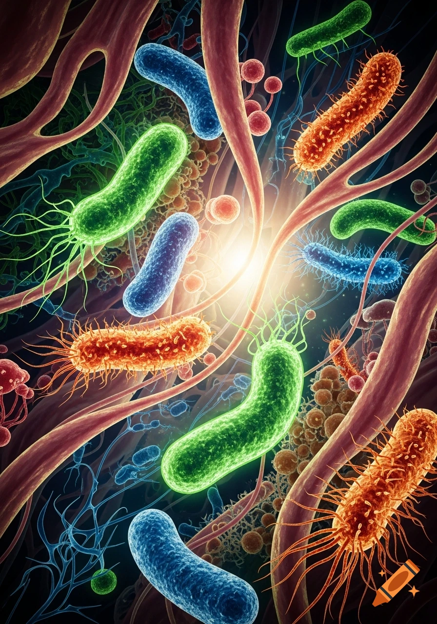 A vibrant, detailed microscopic view of diverse glowing green, blue, and orange bacteria and microorganisms amidst red fibrous tissues.