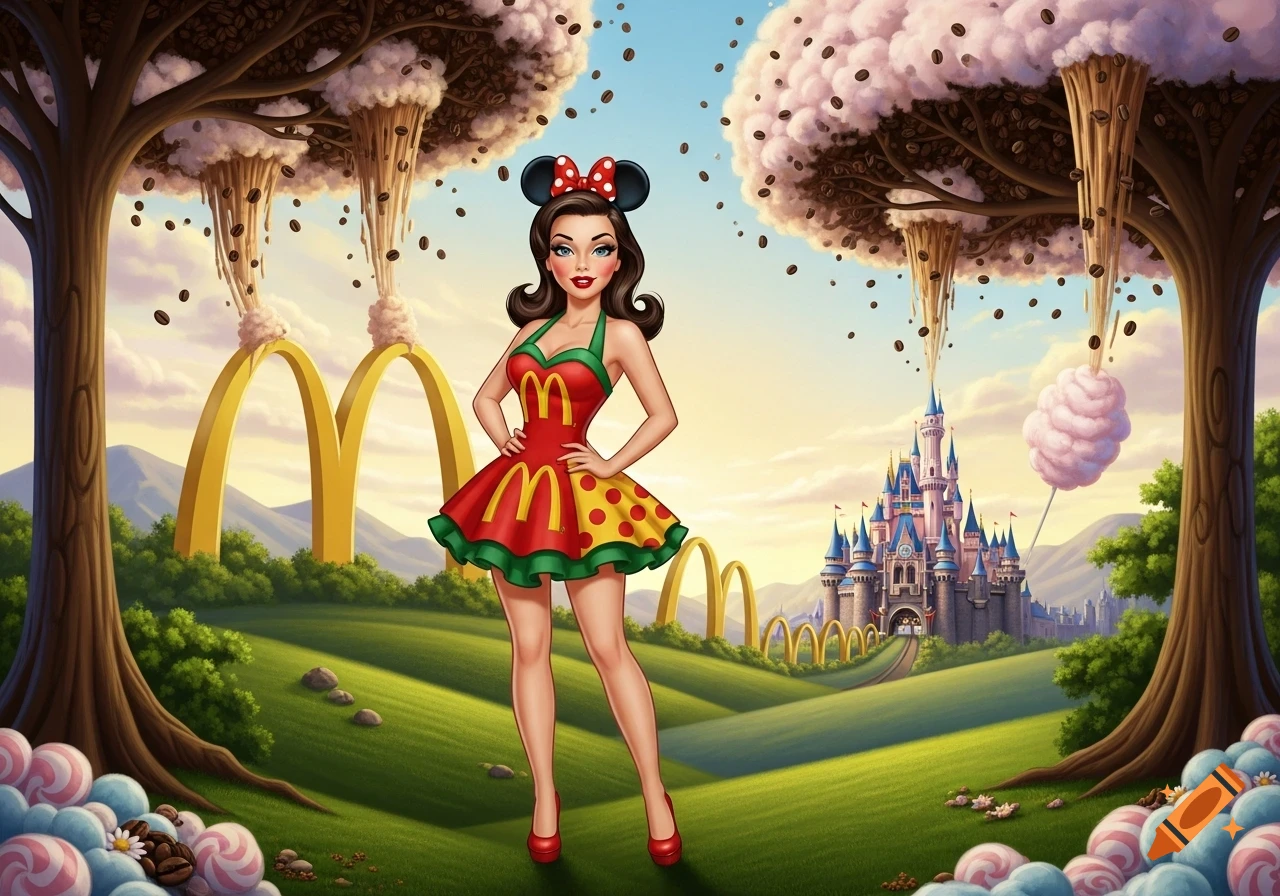 A pin-up cartoon girl with Minnie Mouse ears and a McDonald's-themed dress stands in a whimsical landscape with golden arches, coffee trees, and a Disney castle.