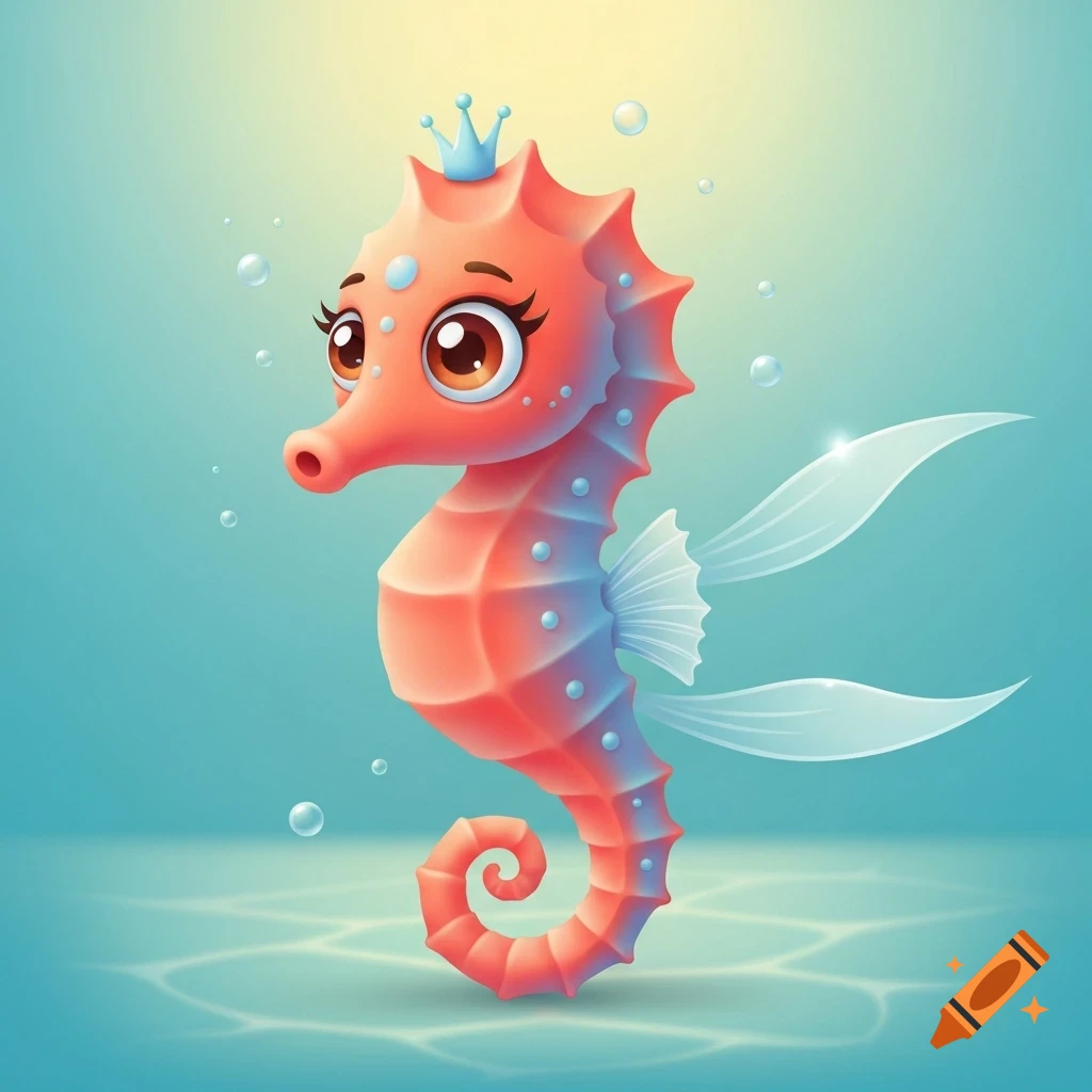 A cute, stylized pink and blue seahorse wearing a tiny blue crown, floating in clear blue water with bubbles and light reflections.