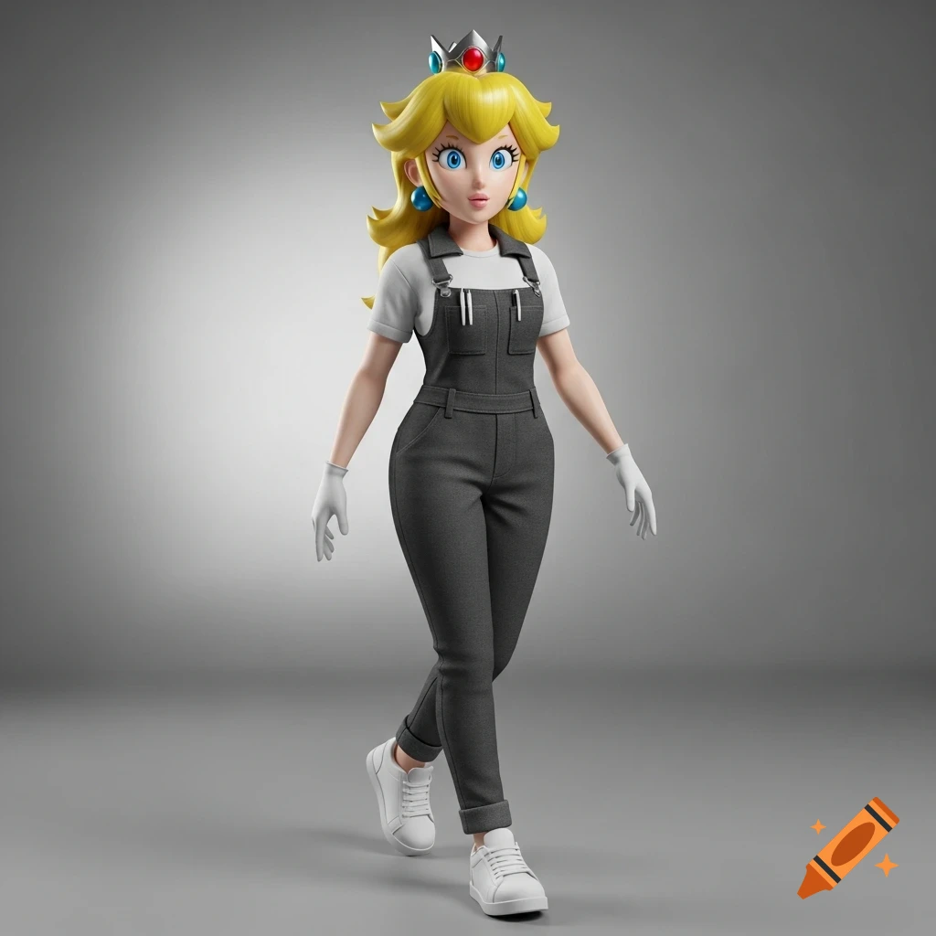 3D render of Princess Peach wearing a dark grey utility jumpsuit, white t-shirt, white gloves, and white sneakers, walking against a grey background.