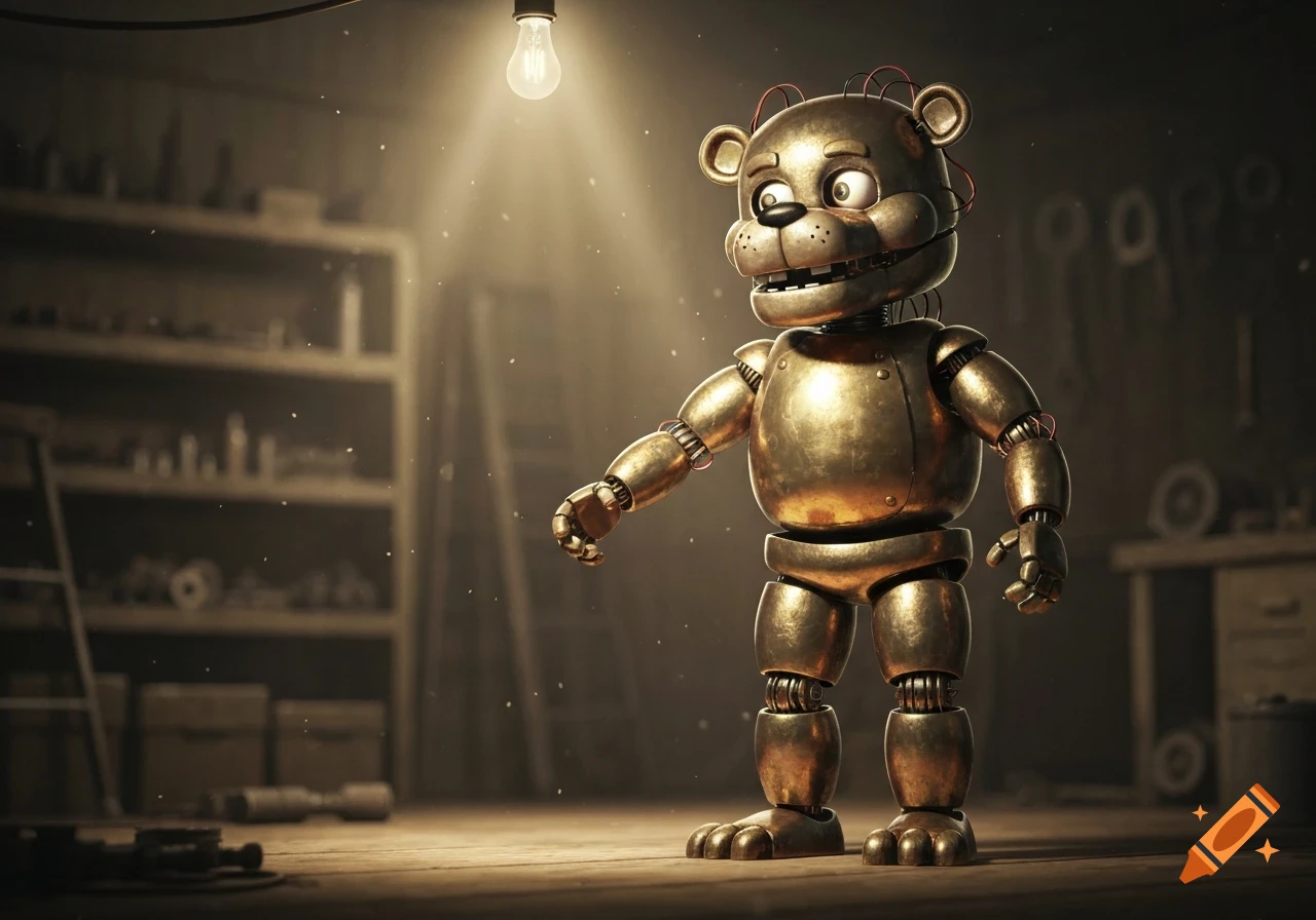 A golden animatronic bear with wires on its head stands under a light in a dusty workshop.