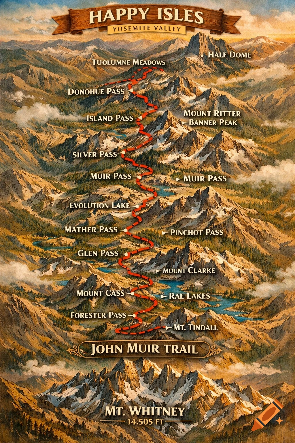 A detailed, stylized map of the John Muir Trail, marked in red, depicting Happy Isles, Mount Whitney, and Sierra Nevada peaks.