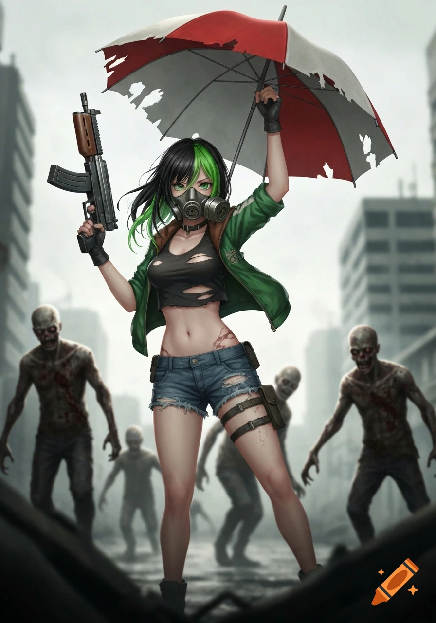 Anime girl with green and black hair, gas mask, ripped clothes, holding a gun and damaged umbrella, surrounded by zombies in a ruined city.
