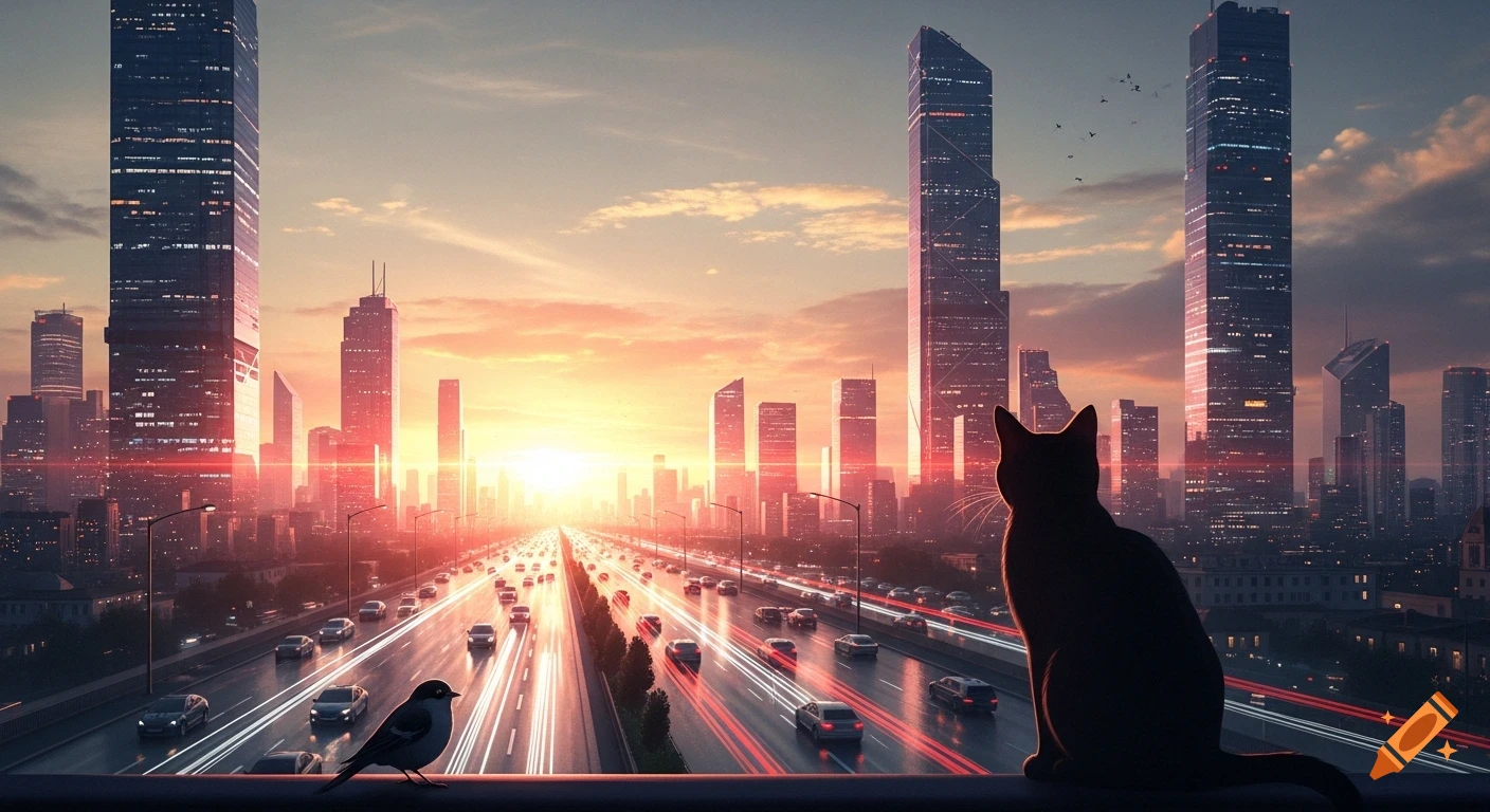 Black silhouette of a cat and a bird on a railing overlooking a busy city highway and tall skyscrapers during a fiery sunrise.