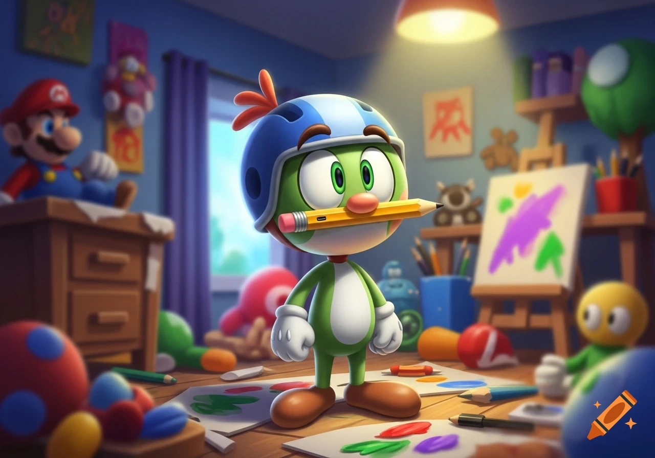 A green cartoon character wearing a blue helmet stands in a messy child's room with art supplies, holding a pencil in its mouth.