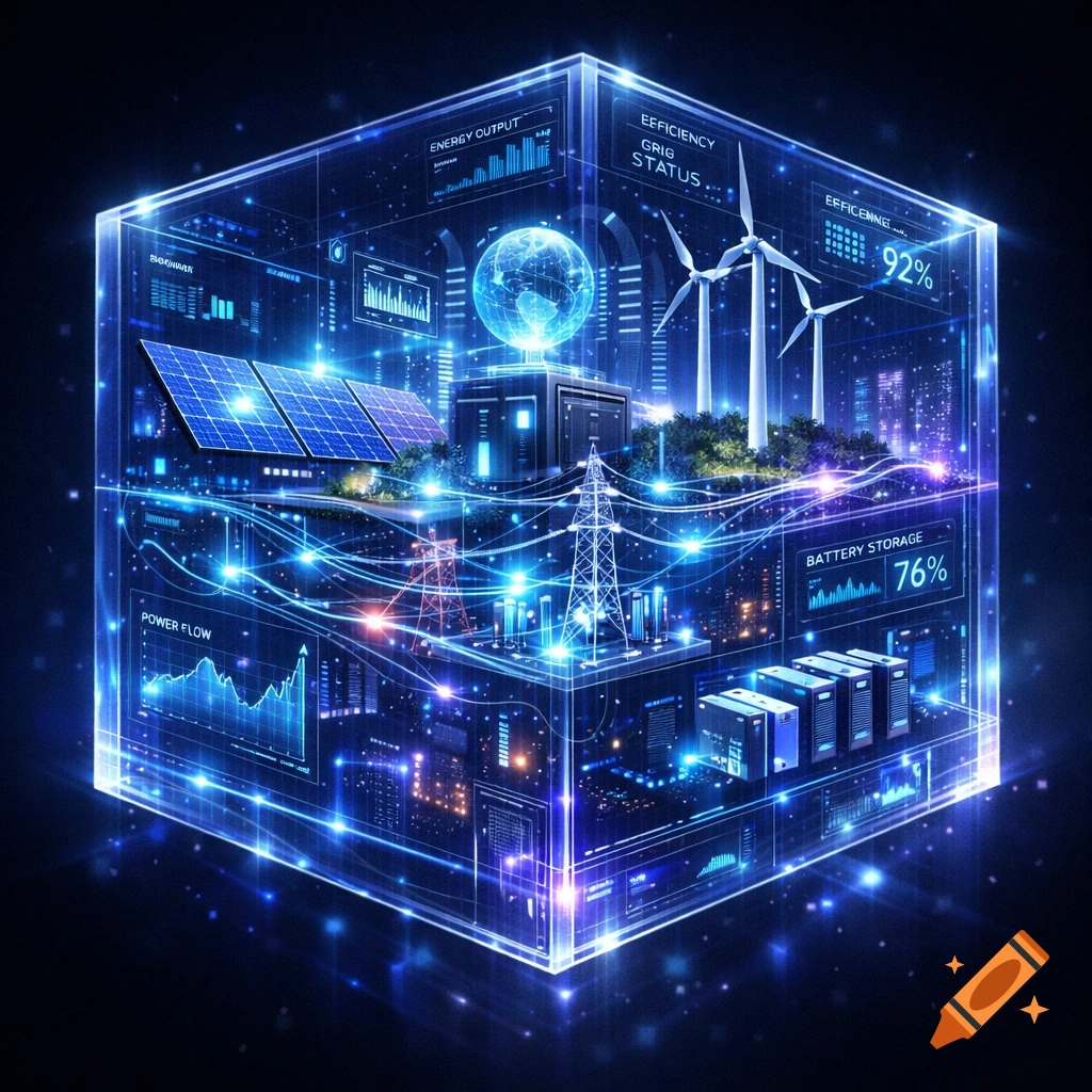 A glowing holographic cube containing a virtual power plant with solar panels, wind turbines, data centers, and interconnected energy flows.