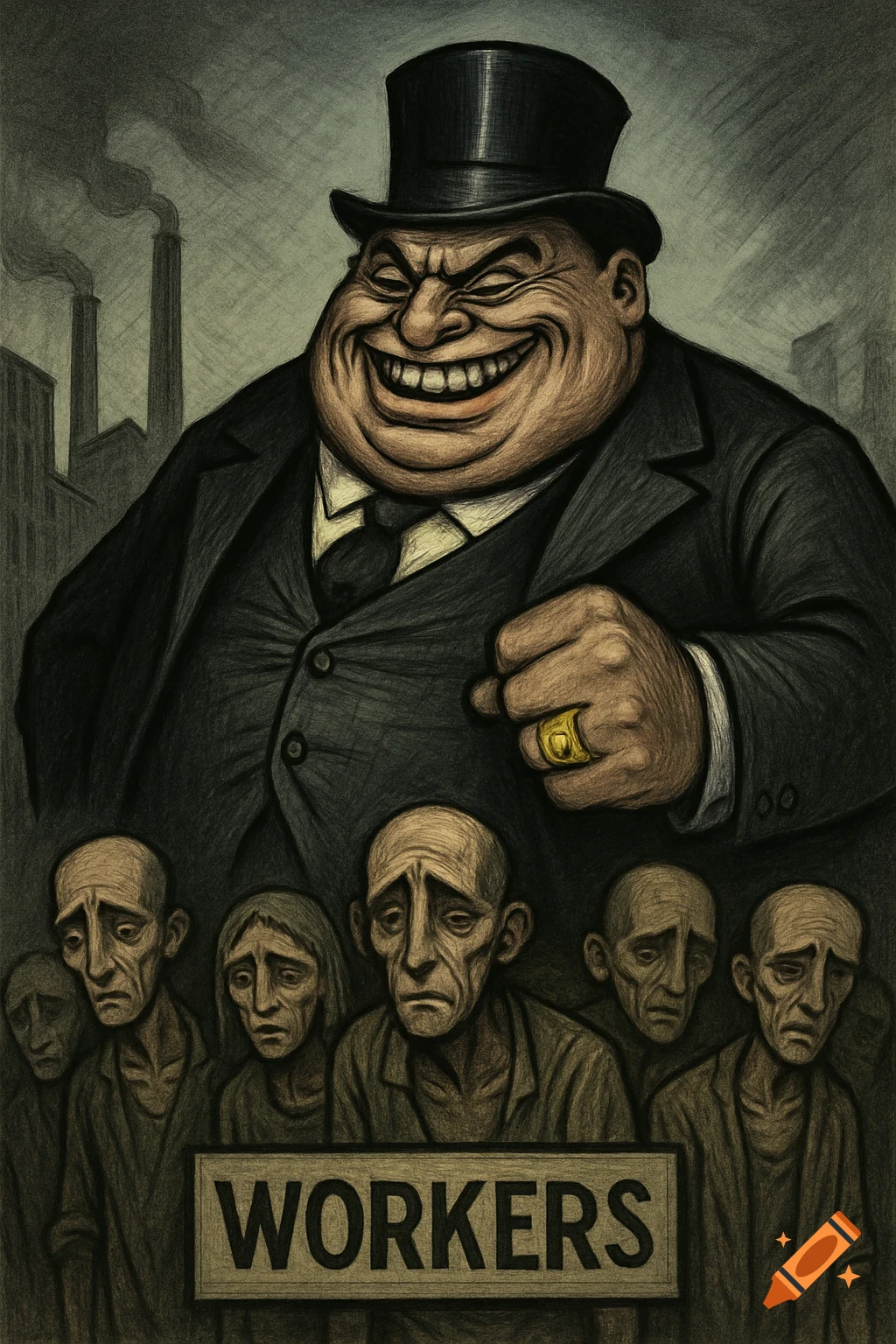 A sinister, corpulent man in a top hat looms over sad, scrawny workers in a dark, gritty political cartoon. A sign reads 'WORKERS'.