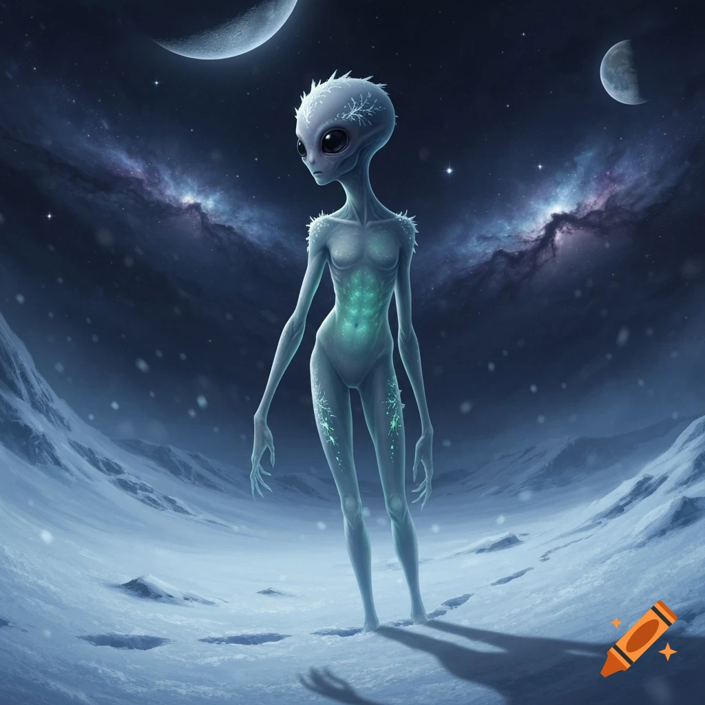A pale alien creature with large dark eyes stands on a snowy planet under a starry night sky with two moons.