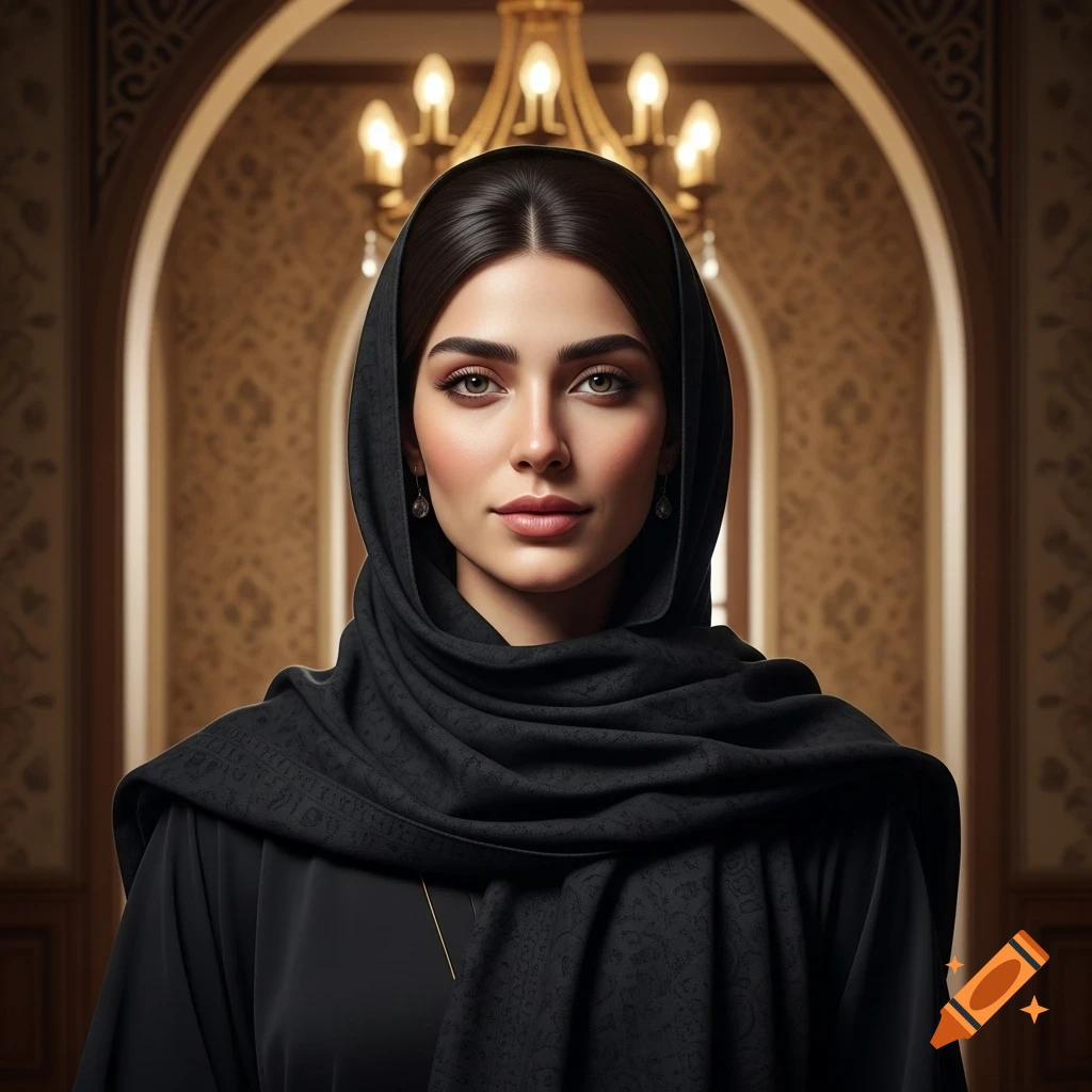 Photorealistic portrait of a woman in a black hijab against a decorative arched background with a golden chandelier.