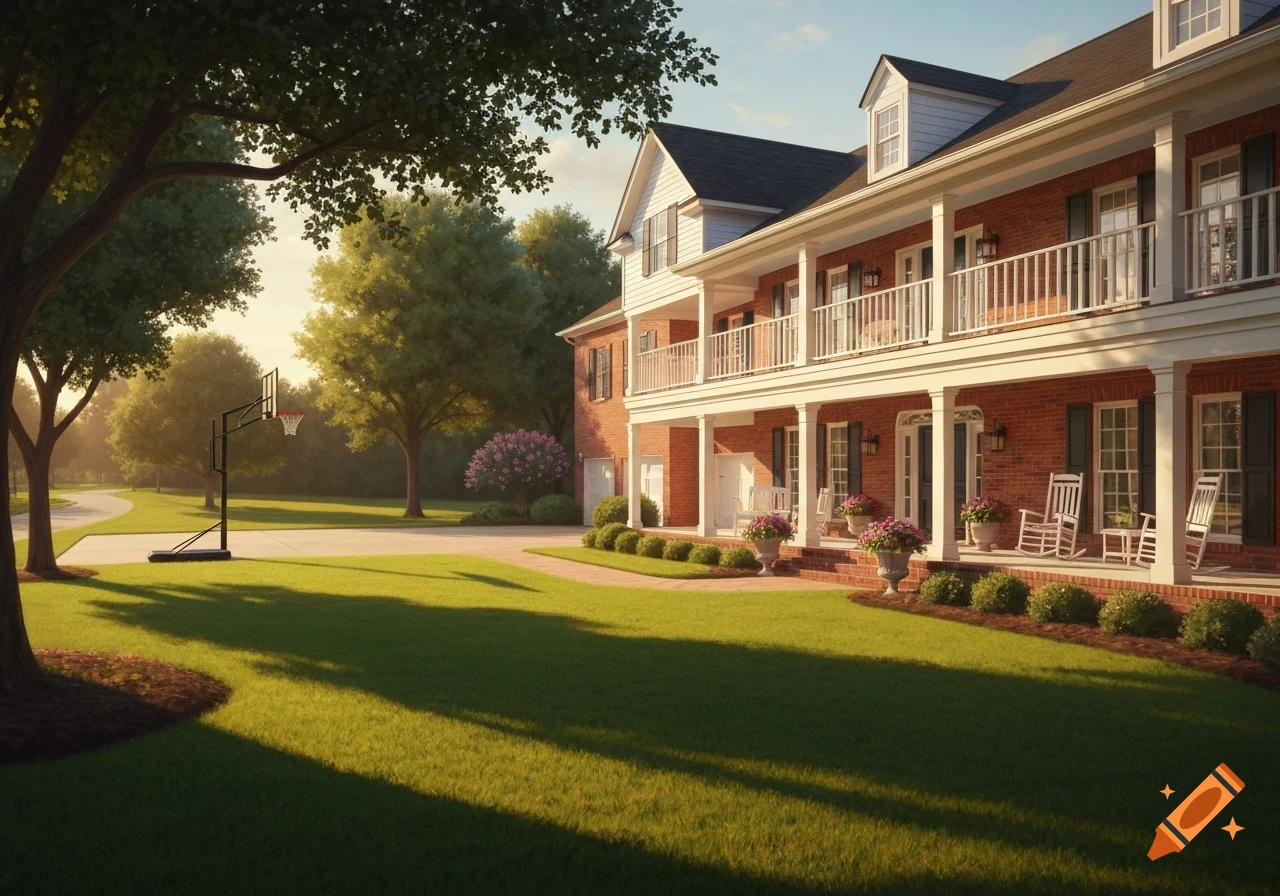 A grand two-story brick house with a wraparound porch and rocking chairs sits on a manicured lawn with a basketball hoop, bathed in golden sunset light.