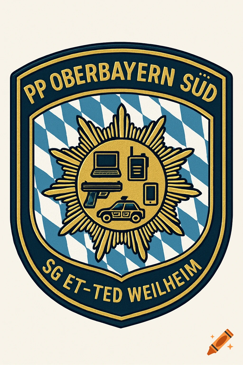 A professional German police emblem in a shield shape with text "PP Oberbayern S üd" and "SG ET-TED Weilheim", Bavarian diamonds, and icons of a computer, radio, pistol, smartphone, and police car.