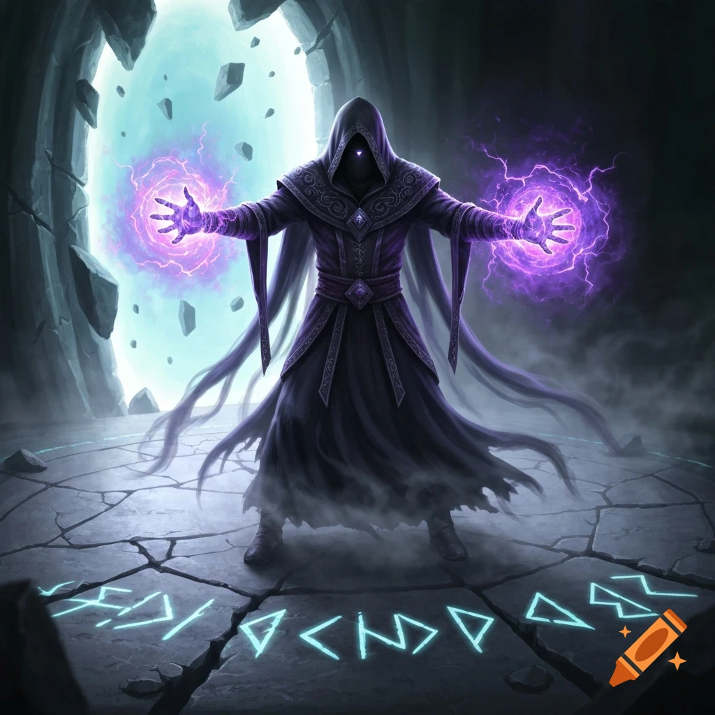 A dark, hooded wizard with glowing purple energy in their hands stands on cracked ground with glowing runes, in front of a bright magical portal.