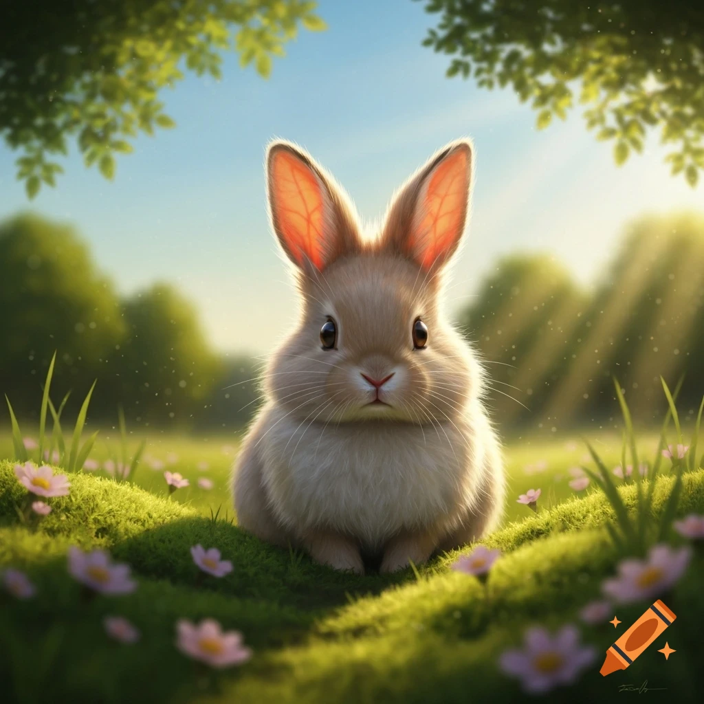 A fluffy brown bunny with big ears sits in a bright green field with small pink flowers under a sunny sky.