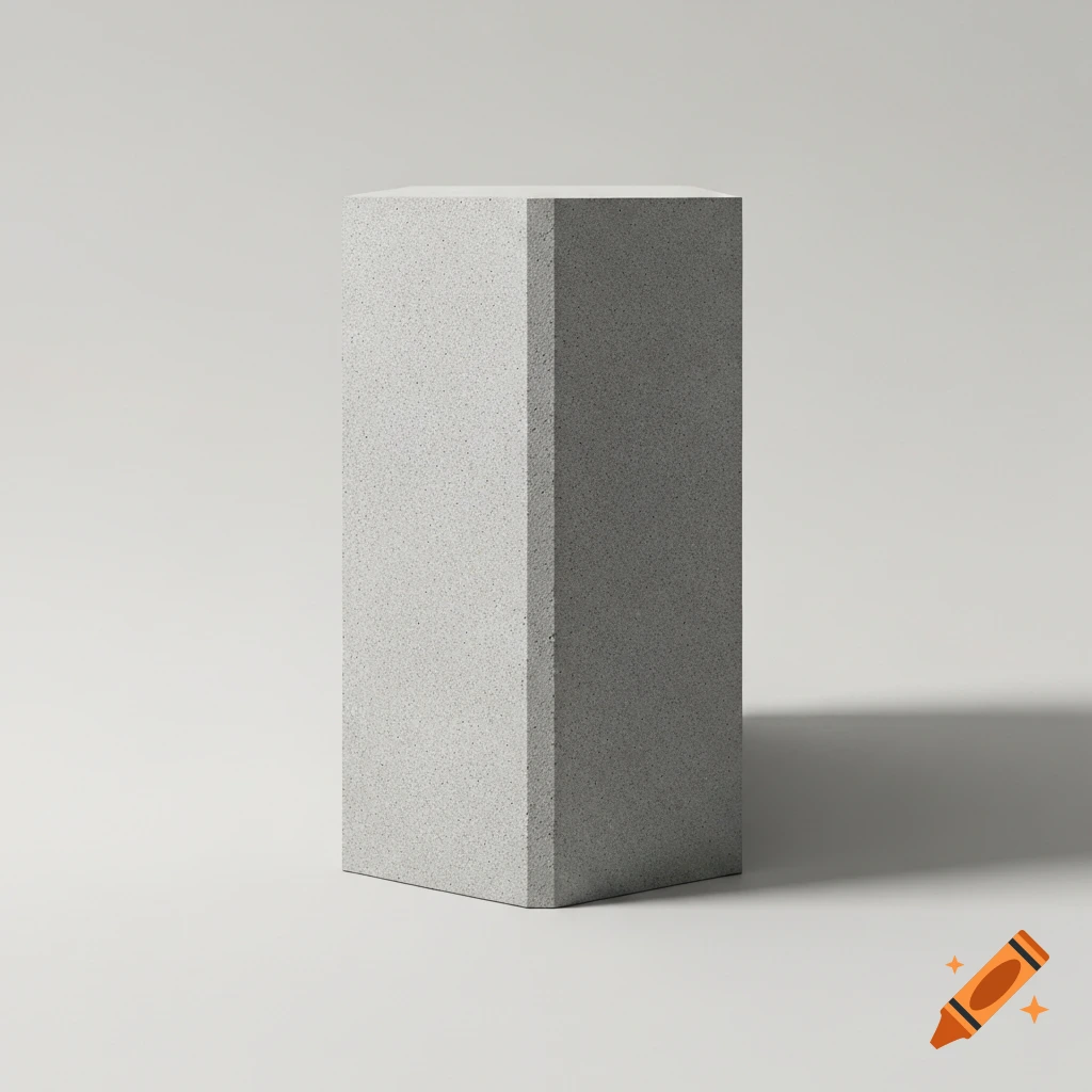 A photorealistic image of a textured grey concrete block standing vertically against a plain light background.