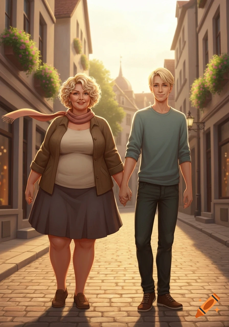 A blond curly-haired woman and a blond man hold hands while walking down a sunlit cobblestone street lined with buildings.