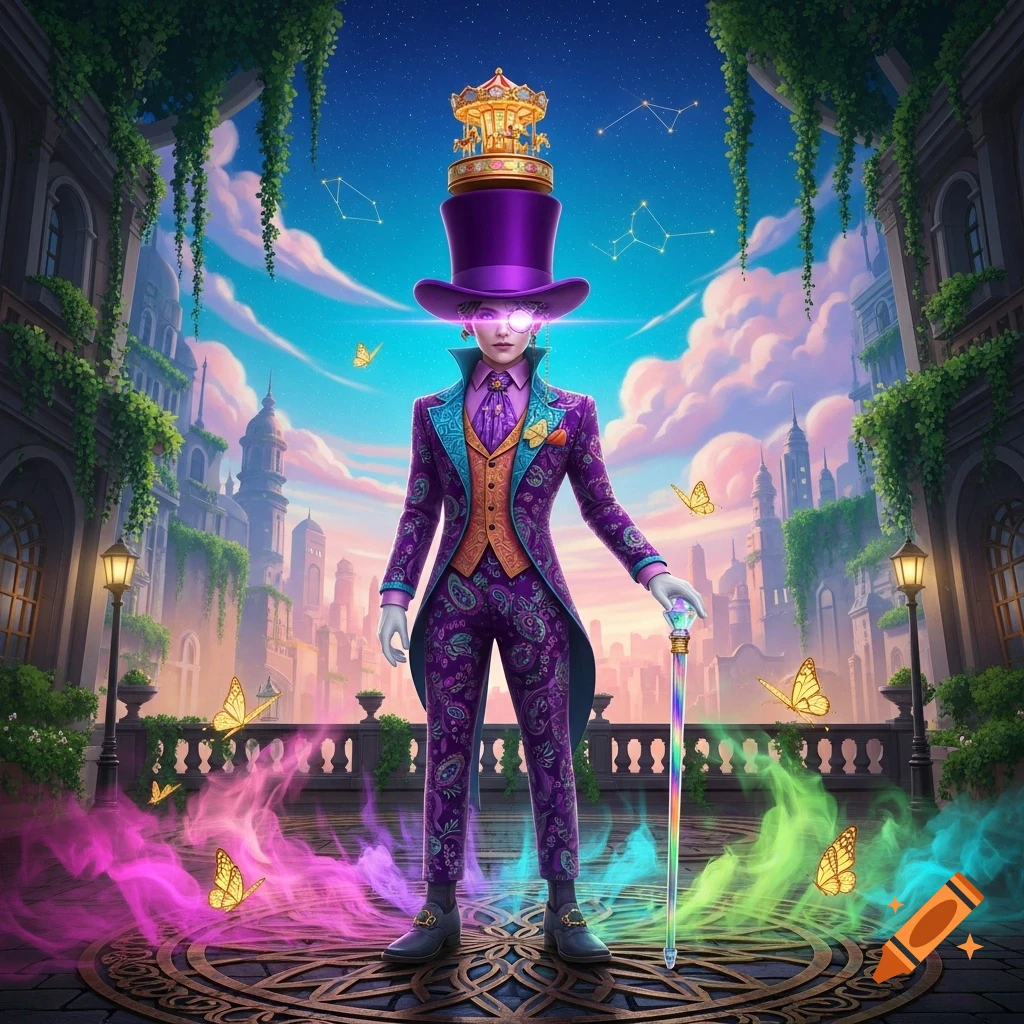 A whimsical character in a purple dandy suit, top hat with a carousel, and glowing cane, stands in a vibrant fantasy city with colorful smoke and butterflies.