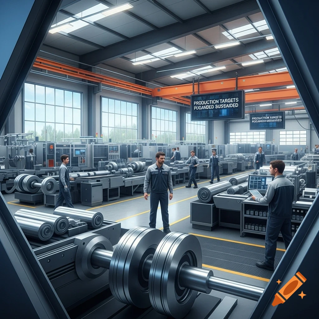 Photorealistic image of workers in a modern factory with large machinery producing metal rollers.