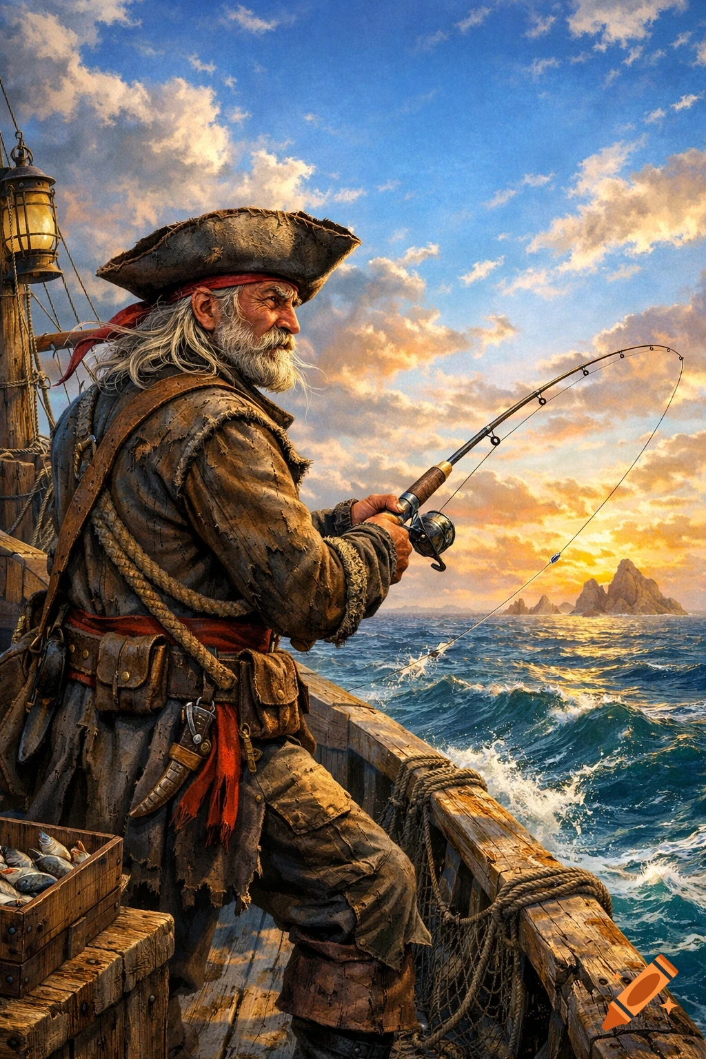 A grizzled pirate with white hair fishes from a wooden boat in a choppy sea, under a vibrant sunset sky. Realistic illustration style.