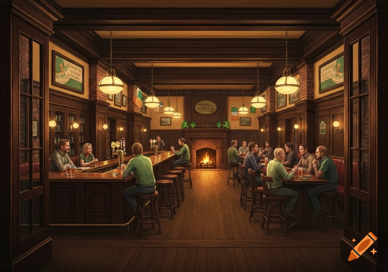 A cozy Irish pub interior with dark wood paneling, a roaring fireplace, and patrons drinking at the bar and tables.