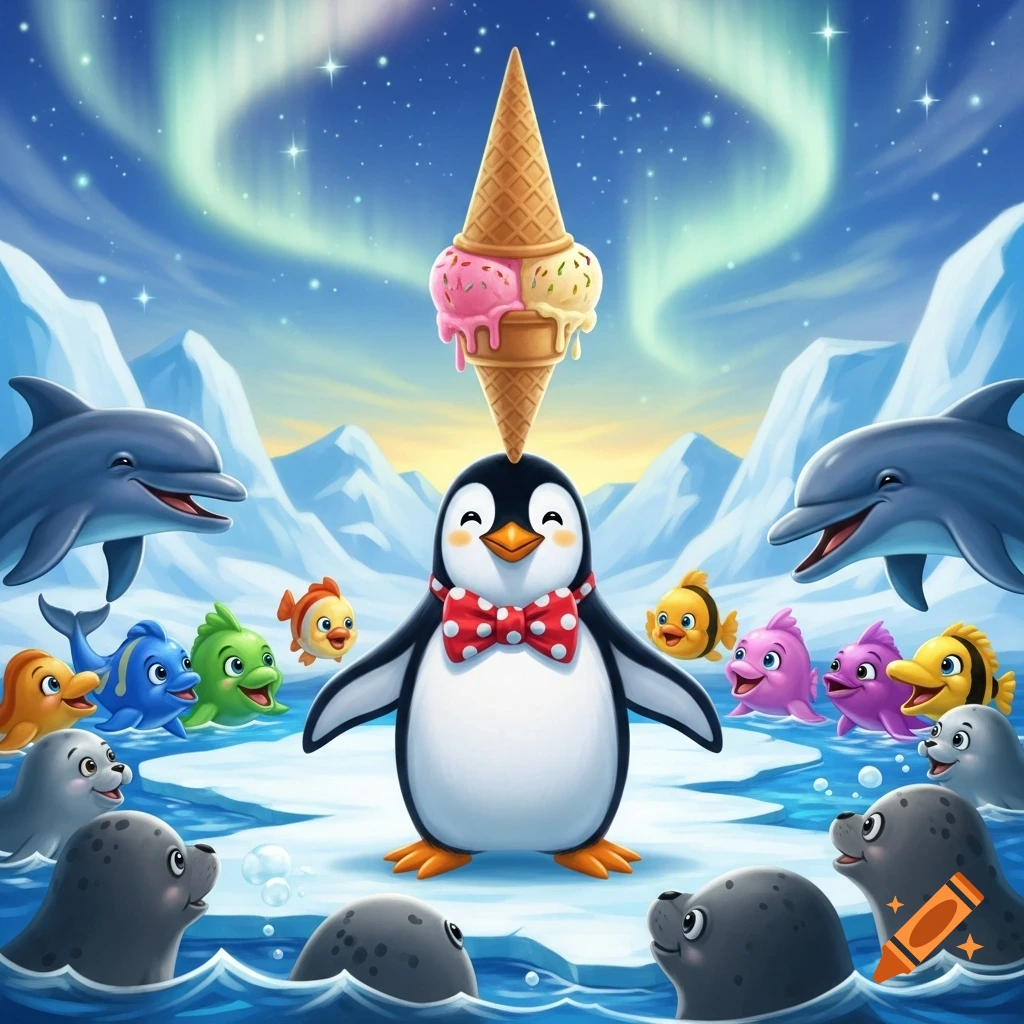 Cartoon penguin balances ice cream on its head, surrounded by cheerful sea creatures in an arctic landscape with aurora.