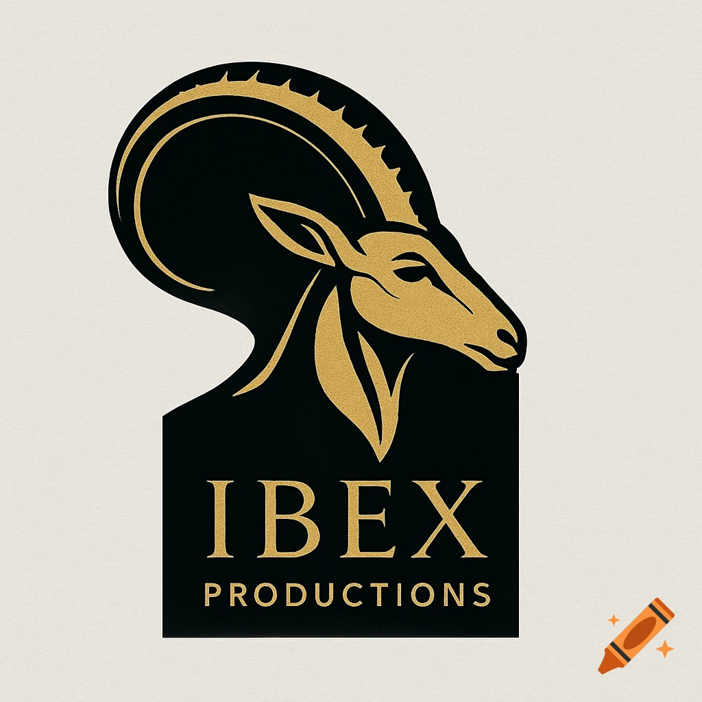 A gold and black minimalist logo featuring a stylized ibex head with curved horns above the text 'IBEX PRODUCTIONS'.