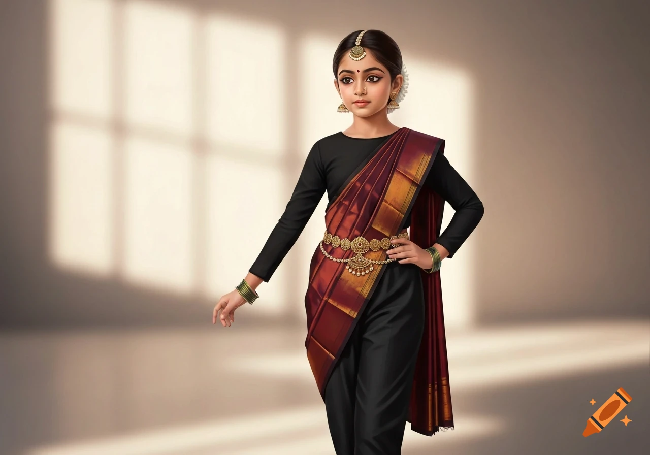 A young girl in traditional Indian attire, wearing a black top, pants, a red and gold saree, and Bharatanatyam gold waist jewelry. Digital illustration.