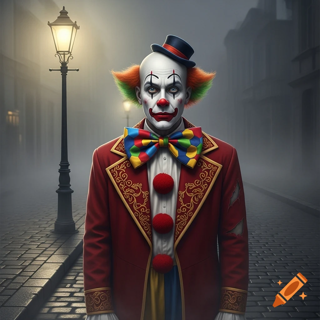 A realistic, pale-faced clown with a red nose, bright makeup, colorful bow tie, and a small top hat stands on a foggy street with a lamppost.