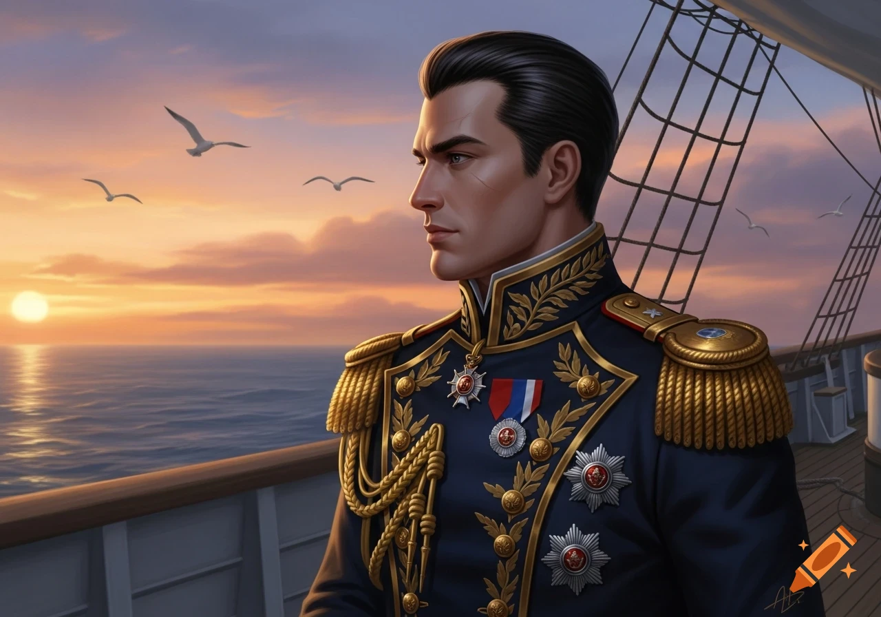 A man in a detailed admiral's uniform gazes over a calm sea at sunset from a ship deck, with seagulls in the sky. Digital art.