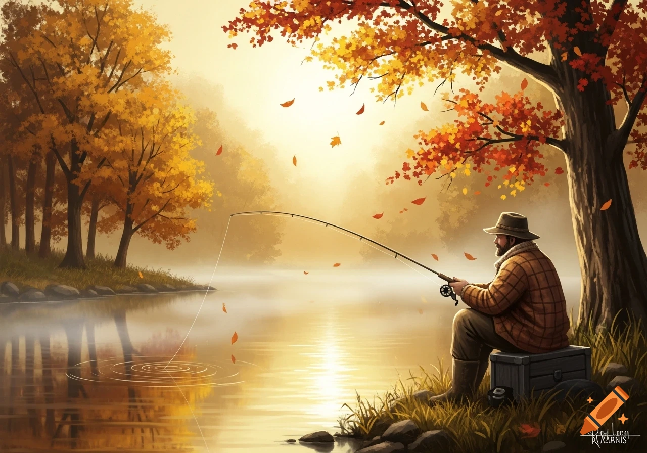 A man in a hat and plaid shirt fishes in a serene autumn river, surrounded by trees with vibrant orange and yellow leaves.