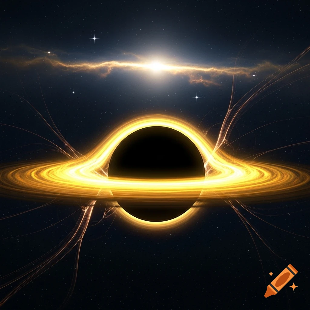 A black hole with a glowing yellow-orange accretion disk against a starry cosmic background with a bright light and nebulae.