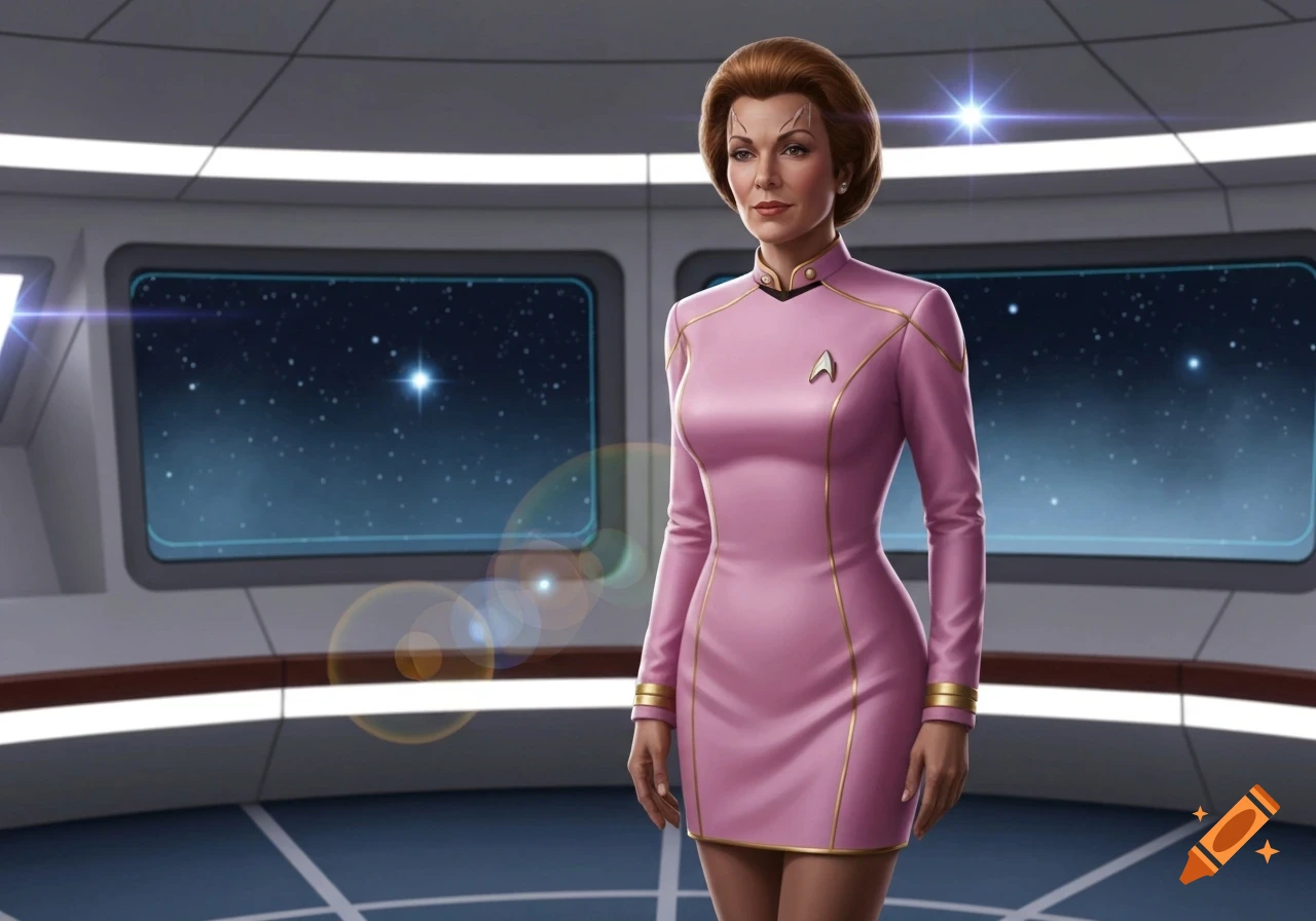 A woman in a pink Starfleet-style uniform stands on a spaceship bridge, with windows showing stars.