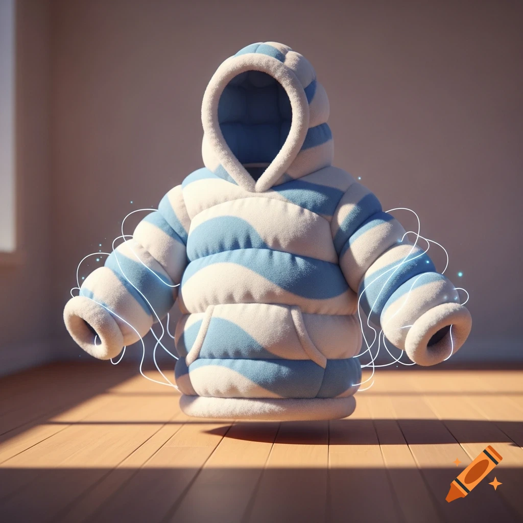 A puffy, blue and white striped hoodie floats above a wooden floor, with glowing white lines radiating from it.