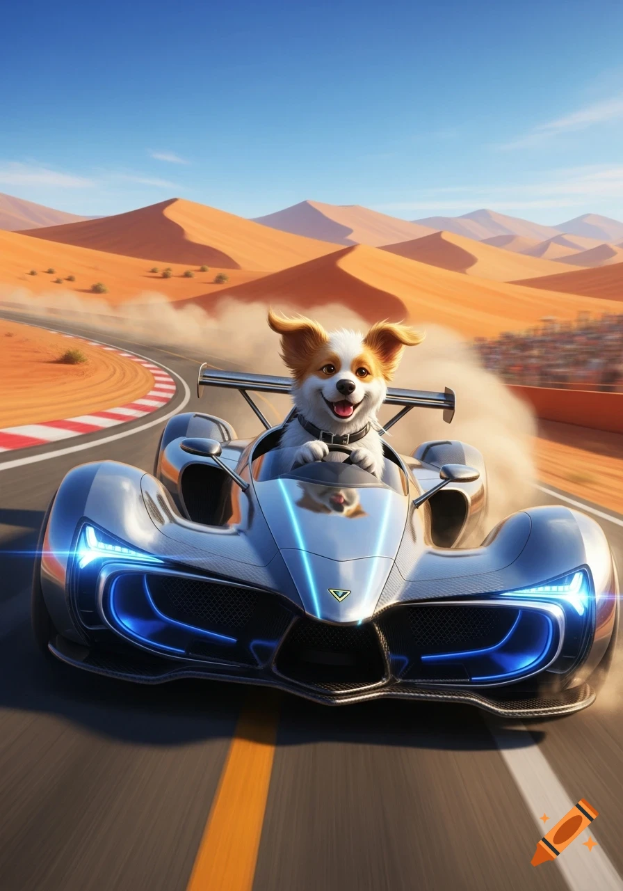A cute cartoon dog drives a sleek silver racecar on a desert track under a clear blue sky.