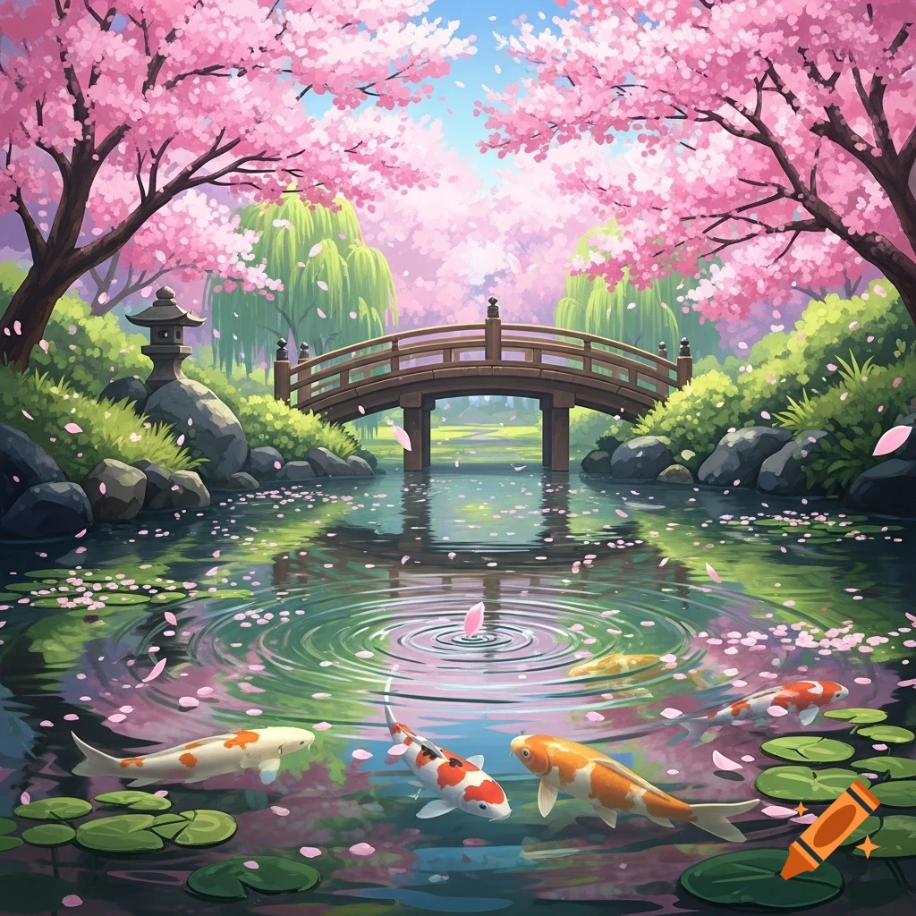 A vibrant Japanese garden scene with pink cherry blossoms, a wooden bridge over a pond, and colorful koi fish.
